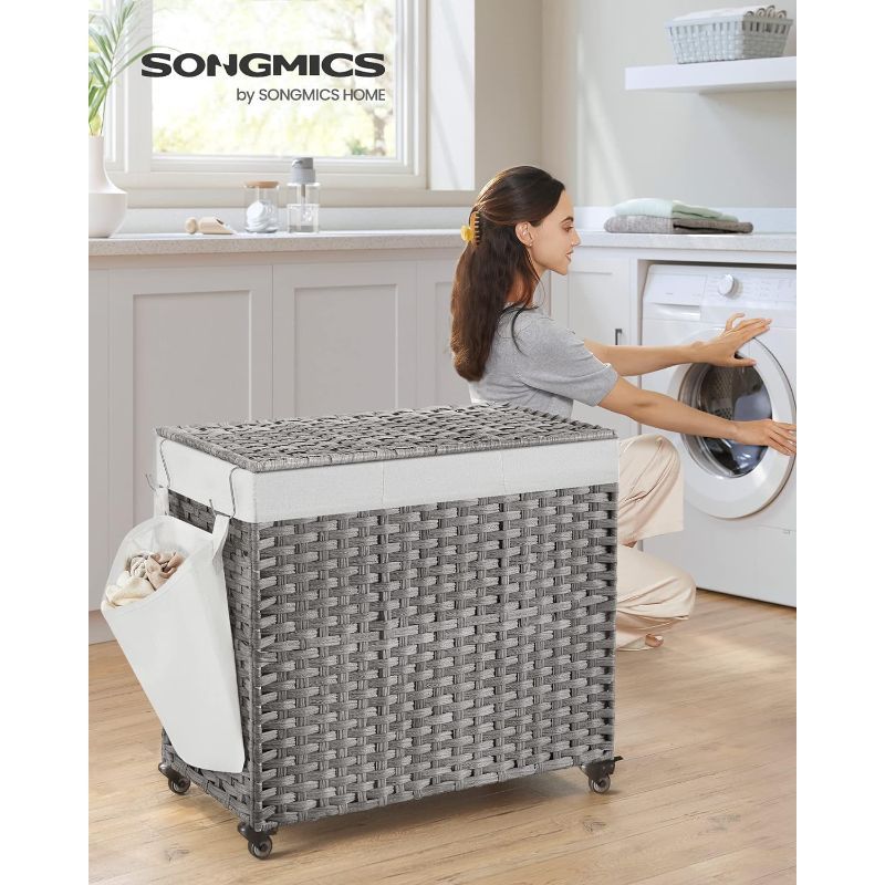 

Songmics Laundry Hamper With Lid, 42. 3 Gallons (160l), Rolling Laundry Basket With Wheels, 3-section Synthetic Rattan, Removable Liner, Bedroom, 27. 6 X 14. 2 X 26 Inches