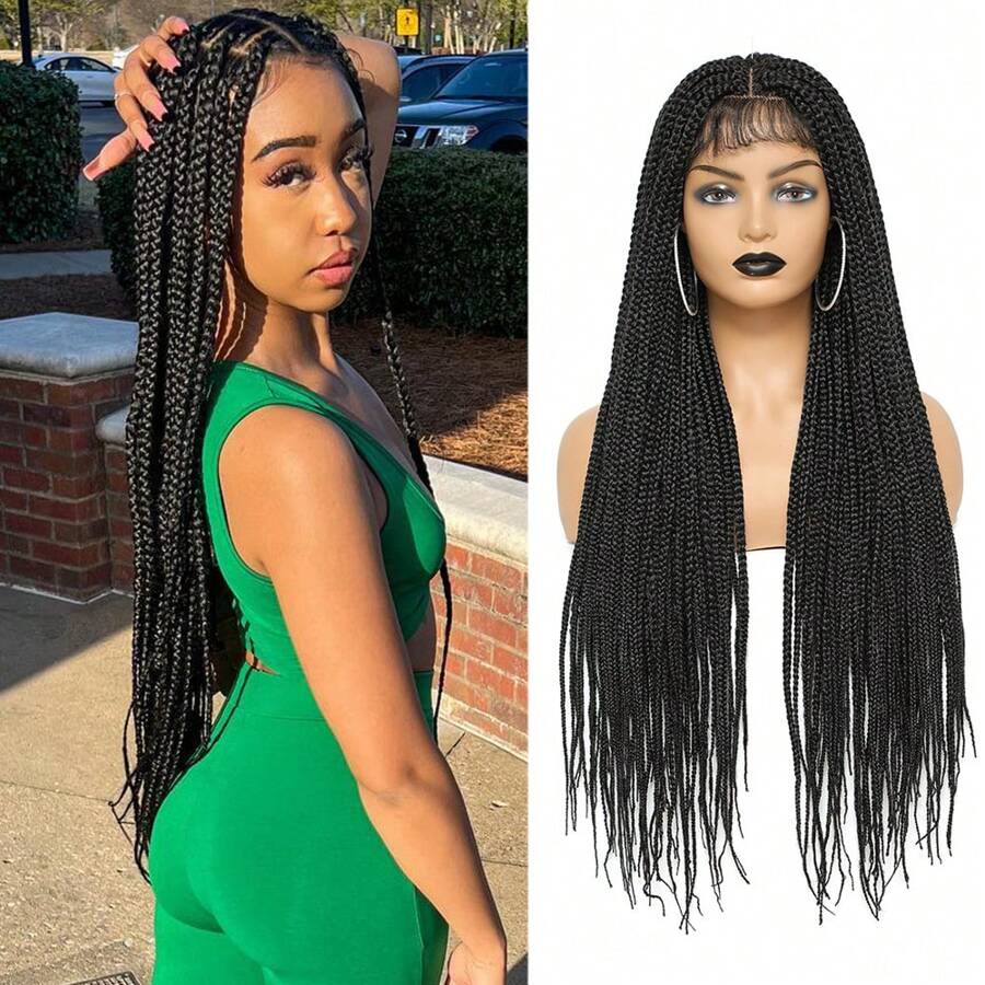 TEMU 30 Inch Synthetic Full Lace Front Wig With Knotless Braids, Heat Resistant Fiber Lace Box Braids Wig