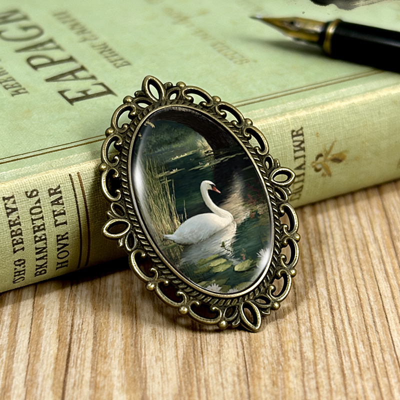 TEMU 1pc Stone Bridge Water Lily Swan Brooch - Oval Glass With Swan & Flower, Suitable For Clothing, Backpacks, S, Es - Elegant Gift For &, Teacher'