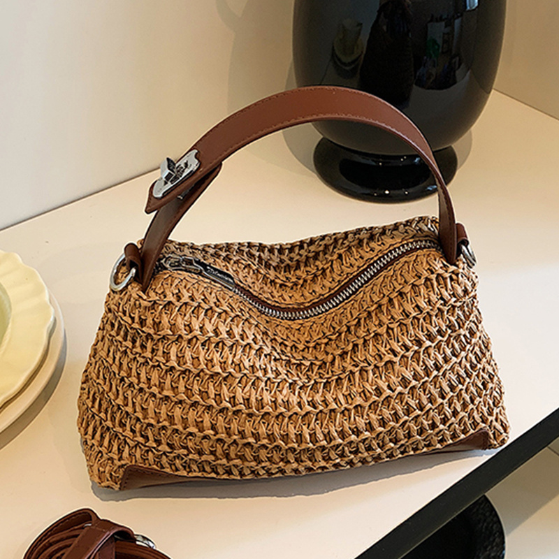 TEMU Cahvin Koeinz Women's Small Handbag, Vintage Straw Woven Bag Women's Handbag And Crossbody Bag Soft Leather Handle And Metal Decoration Zipper