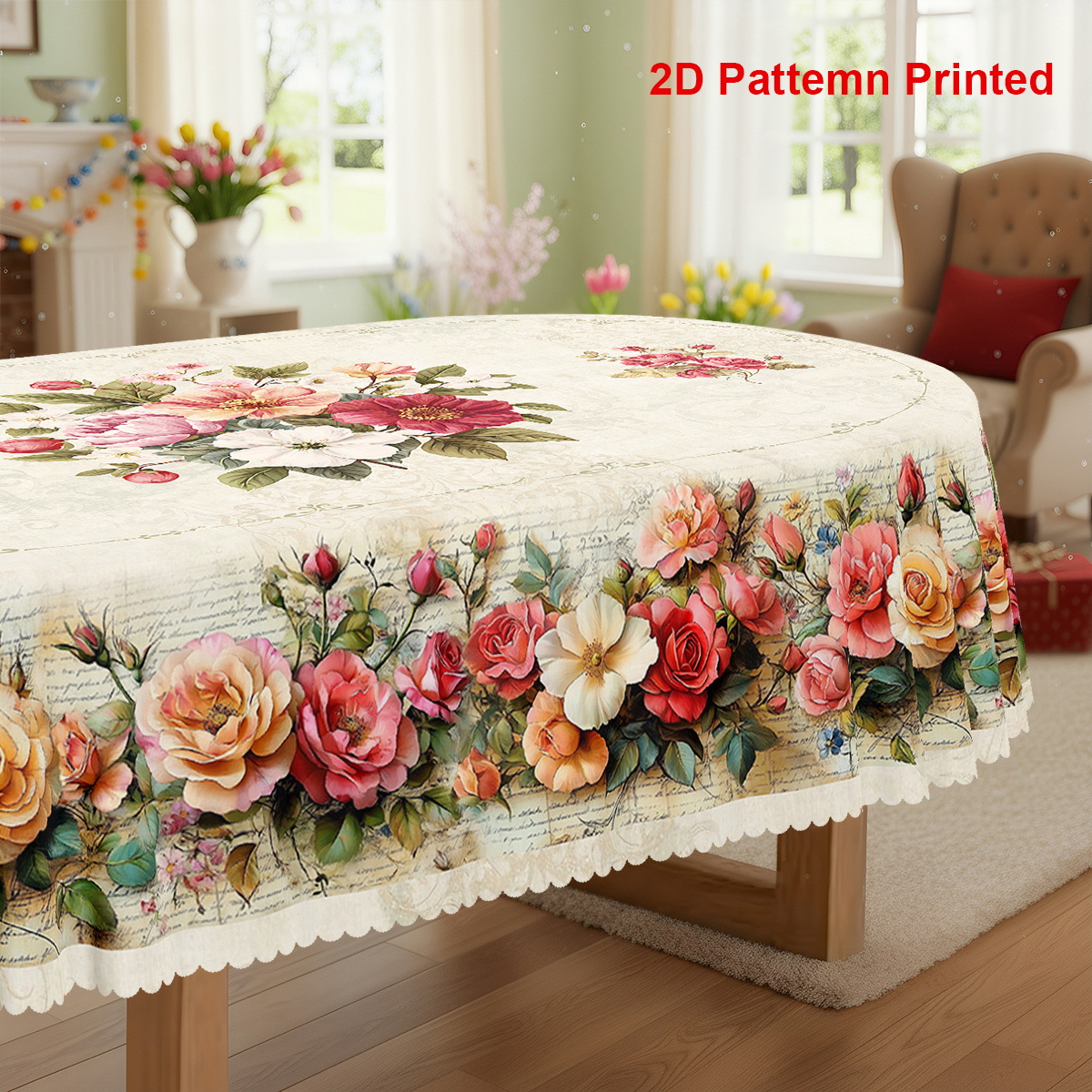 TEMU 1pc, Spring Summer Themed Party Tablecloth, Valentine's Day Mother's Day Vintage Multicolored Rose Floral Printed Design, Rectangular/round/oval