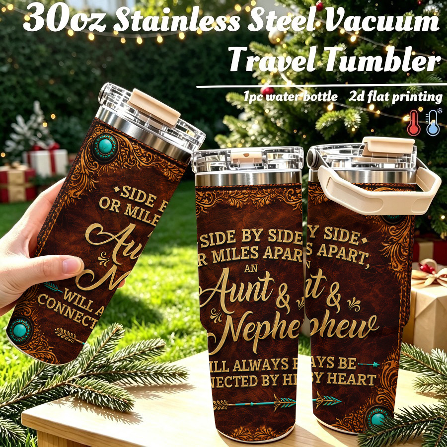item picture 1pc 2d printed 30oz double wall insulated stainless steel tumbler with handle straw sealed lid large capacity outdoor water bottle textured art with ornate borders featuring a warm quote about   and nephews b