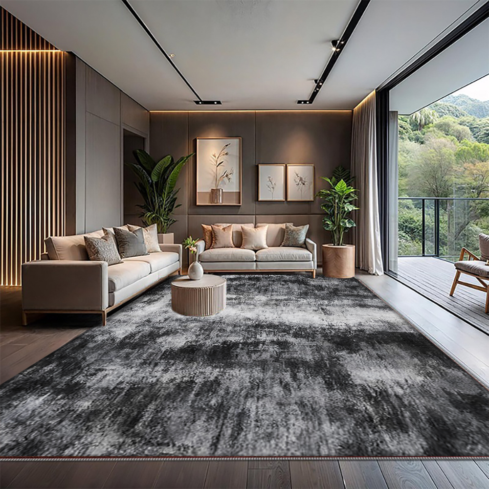 TEMU 131 Machine Washable Family Decorative Carpet With Abstract Ink Wash Style In Black And Gray Gradient, Featuring Textured Patterns. Suitable For