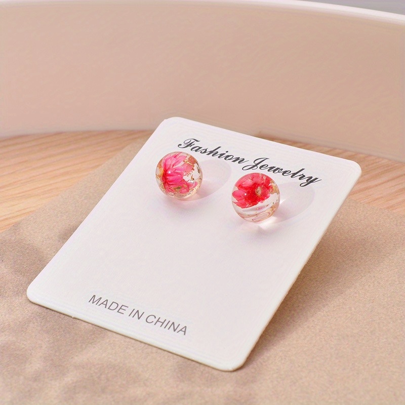 Resin Glass Ball Stud Earrings Multicolor Dried Flowers Hypoallergenic Posts
