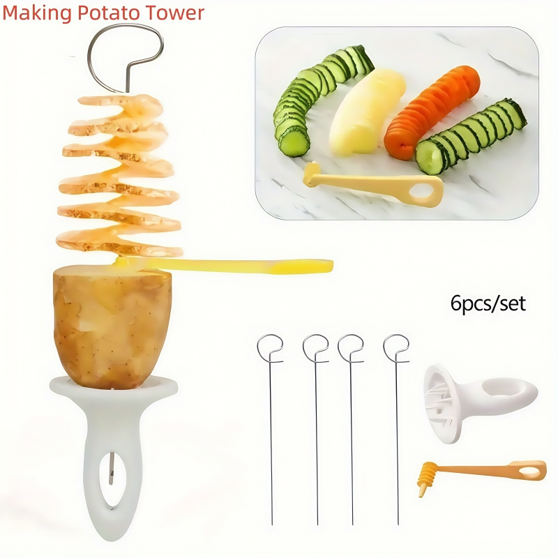 

A Set Of 6pcs Multifunctional Spiral - Manual Rotating Vegetable Cutter, Suitable For Barbecue And Camping, Battery Free, Used For Making Tower, Kitchen Supplies, Kitchen Accessories