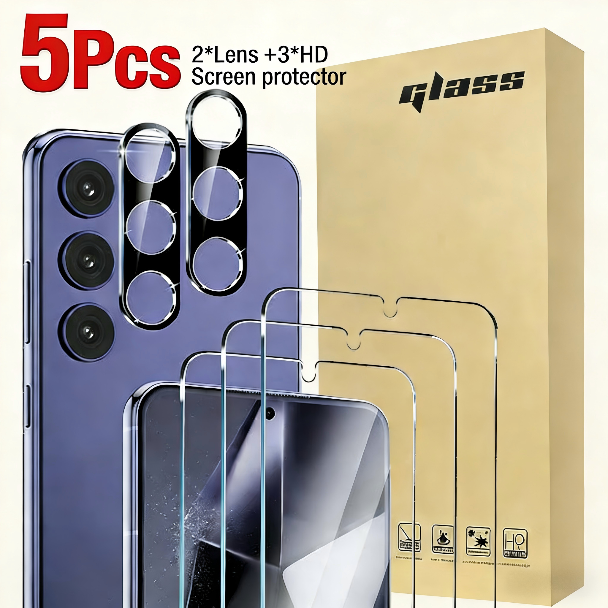 E-shop 5-teiliges Set: 3 Weiße Film-Entsperr--Bildschirm-Schutzfolien + 2 Objektivschutzfolien – Kompatibel mit for Samsung Galaxy S23, S24, S25, S26,