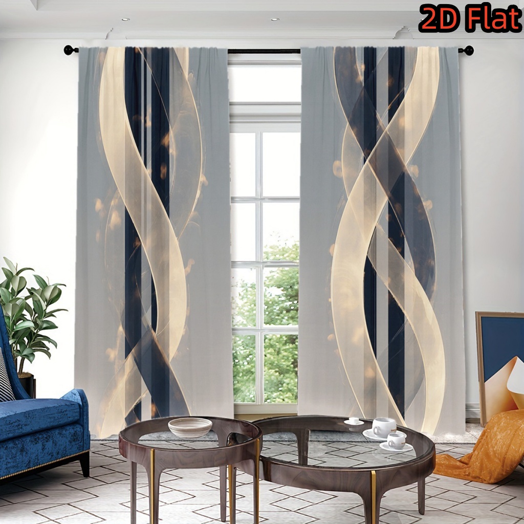 Image of 2d Flat - 2d Flat 2pcs Abstract Swirl Pattern Light Filtering Curtains, Golden And Navy Ribbon Design, Modern Decor, Rod Pocket, For Room Bedroom