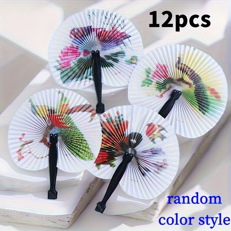Image of 12pcs Chinese Style Handheld Folding Fans, Modern Paper Fans, Decorative Printed Patterns, Summer Accessories, Creative Birthday Gifts, Photography Props, Random Colors Style