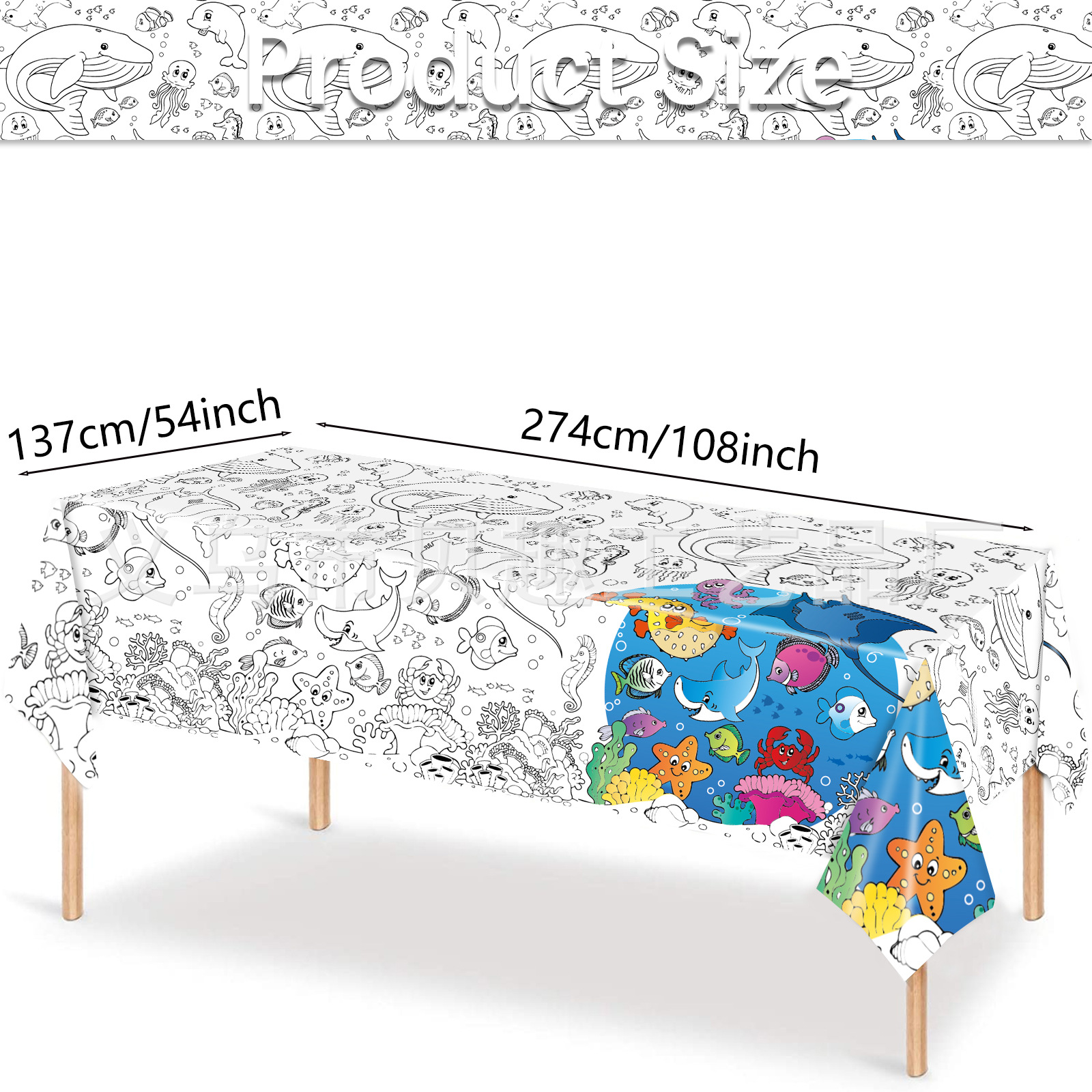 TEMU Coloring Tablecloth Enormous Tablecloth 1 Pack Paper Coloring Poster 137.16 X 274.32 Cm Ocean Animal Tablecloth For School Party Gathering