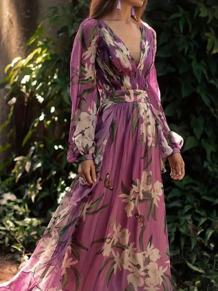 elegant printed v neck long sleeve swing dress Product details 0