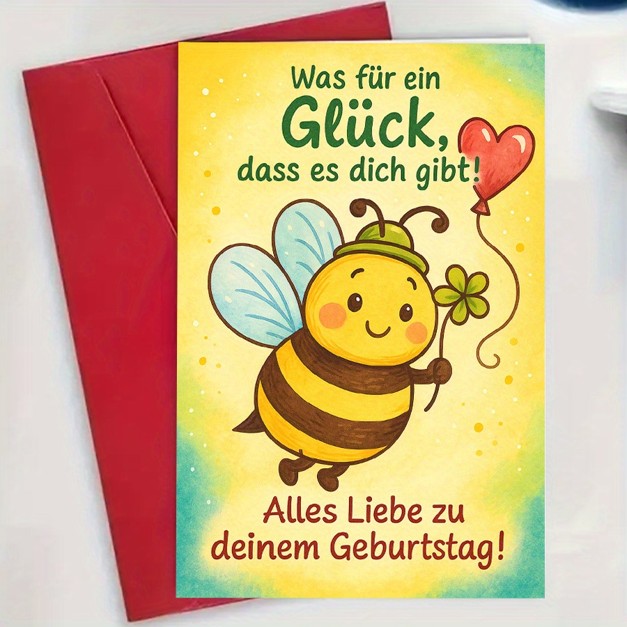 E-shop Niedliche Bienen-Geburtstagskarte mit deutschem Geburtstagsgruß - Entzückendes Design von Bee & Waben, lebhaft gelbes grünes Partythema,