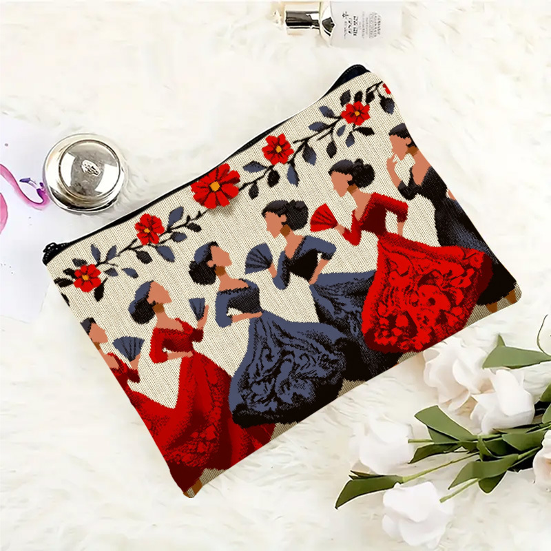 TEMU Neceser de maquillaje de 1 pieza con estampado de cara estilo bordado de bailaora de flamenco, bolsa organizadora de almacenamiento de estilo