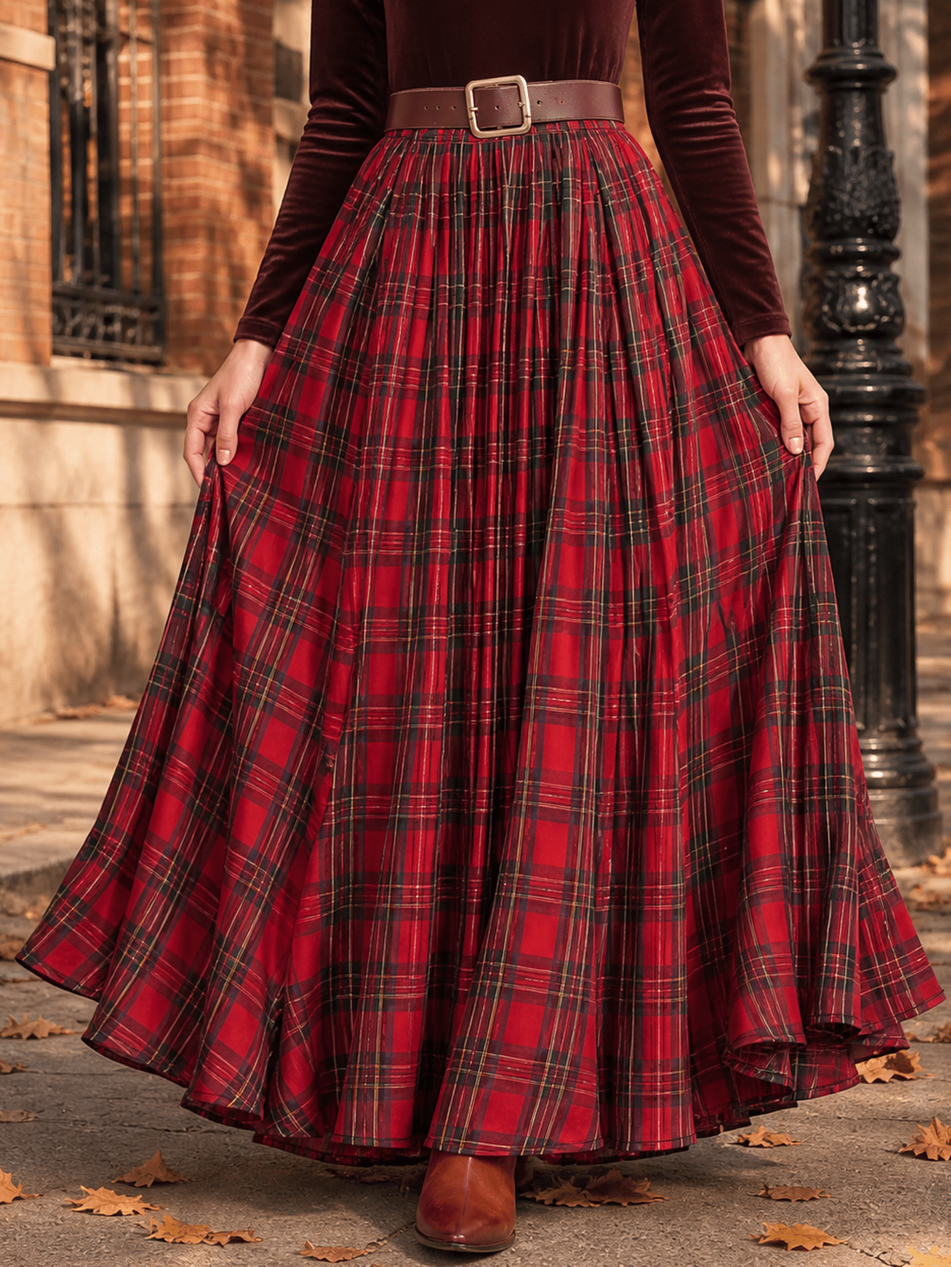 Red Tartan Plaid Pleated Maxi Skirt