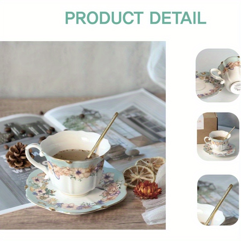 1 set   floral porcelain tea cup and saucer set with spoon   elegant teal   design 6 4oz cup saucer comfortable handle stable saucer for tea coffee espresso durable   for   special occasions  ge   tableware Product details 3
