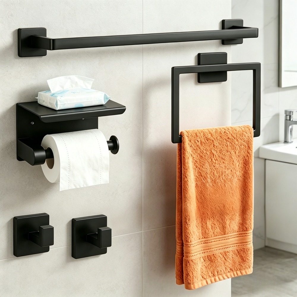 TEMU Set di accessori per bagno antiruggine da parete, 5 pezzi, barra portasciugamani in acciaio inossidabile, porta fazzoletti e gancio , accessori