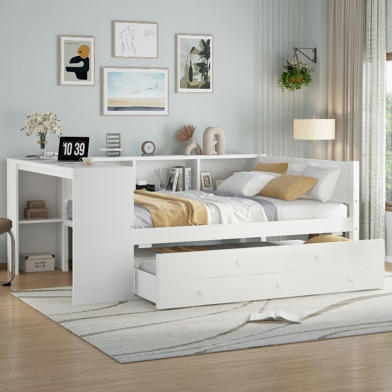 Full Size Daybed with Trundle, Wood Day Bed Frame with Storage Drawers And Side Shelves, Daybed with Desk, No Spring Box Needed, White