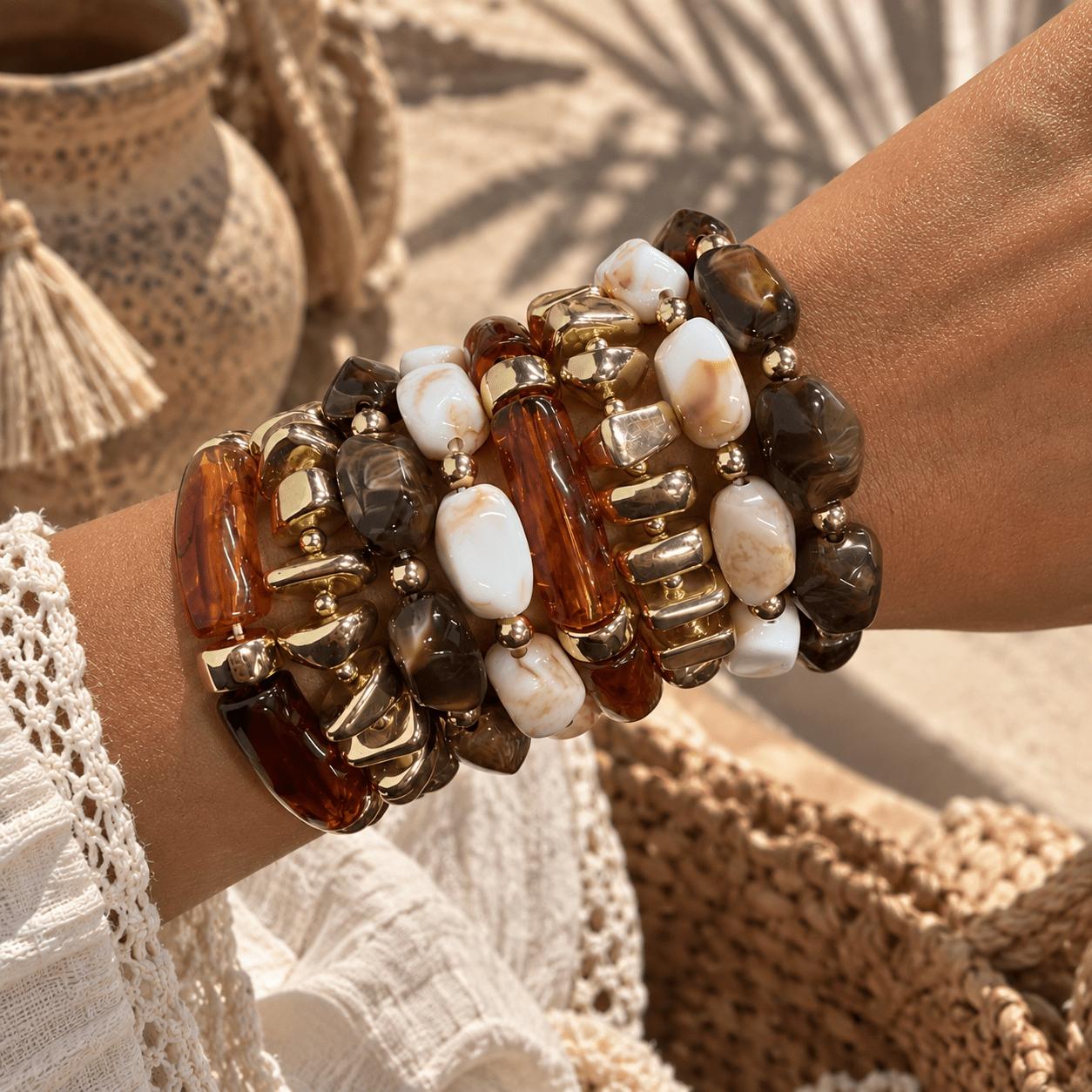 TEMU Random Resin Pattern 8pcs Boho Chunky Resin & Ccb Beaded Bracelet Set For Women, Brown White Stone Look Stretch Bracelets, Vintage Statement