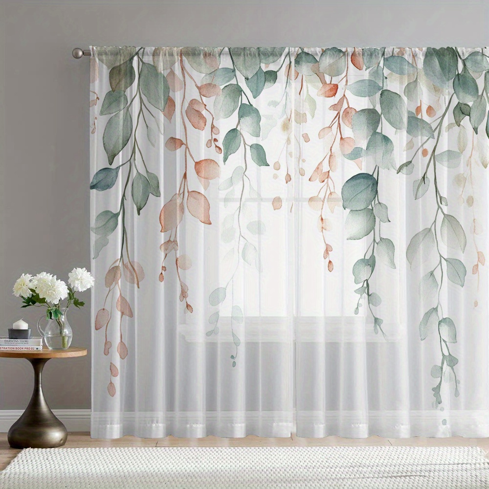 TEMU 2pcs Colorful Leaf Hanging Decor Sheer Curtains, Rod Pocket Window Panels, Flowy Sheer Drapes Suitable For Kitchen Room Balcony Garden