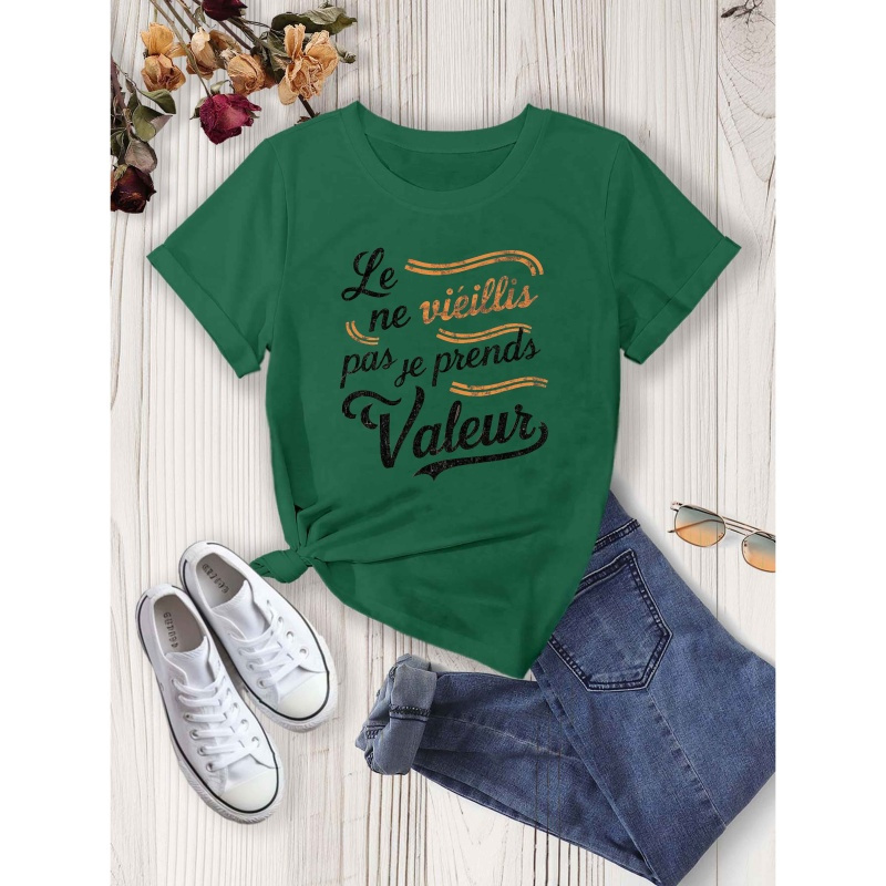 

T-Shirt Femme à Imprimé Français - Manches Courtes, Col Rond, Haut en Polyester Décontracté pour & l'Été