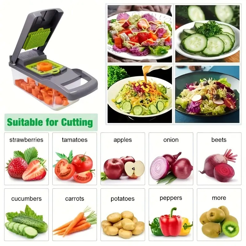   16pcs manual vegetable slicer set multi function chopper slicer grater with adjustable blades extra large basket no electricity needed kitchen prep tool details 9