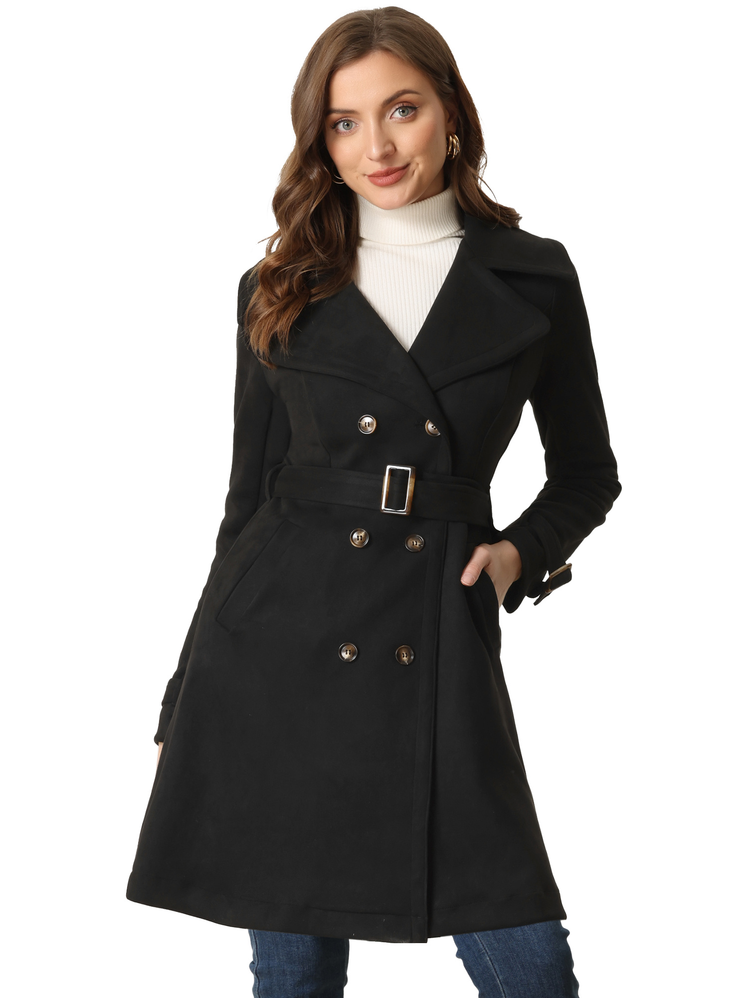 double breasted overcoat women tie waist belt strap cuffs - Temu