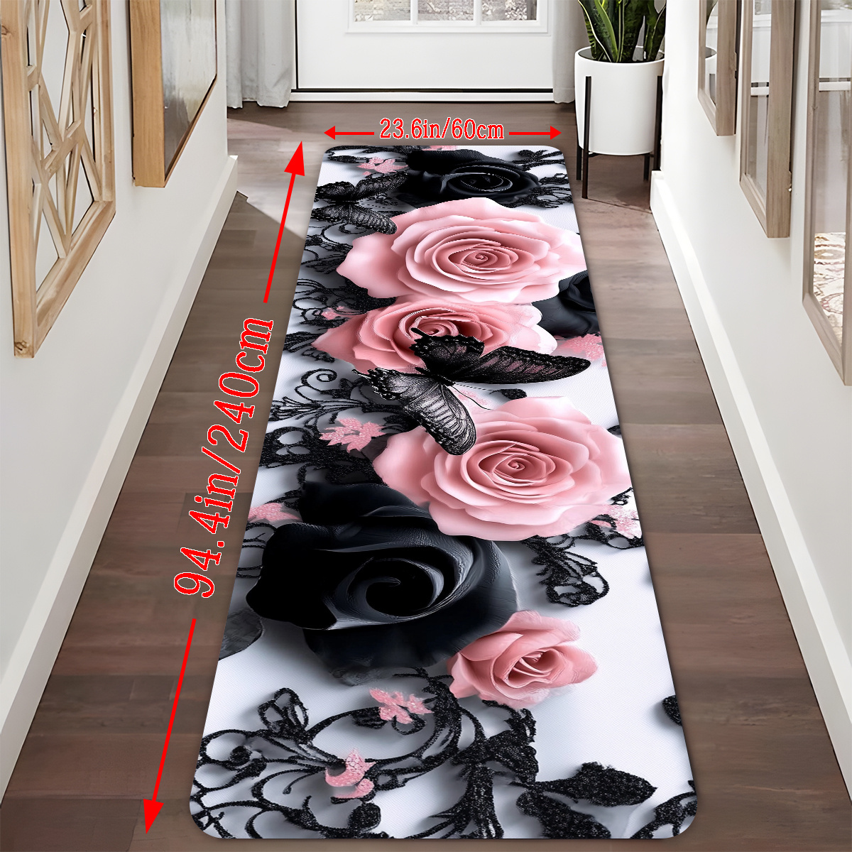 TEMU [1.0cm Thickness + Non-slip Backing] - 1pc Spring Twin Rose Runner Rug, Background Runner Rug, Bath Mat, Non-slip Runner Rug, Bedside And Sofa
