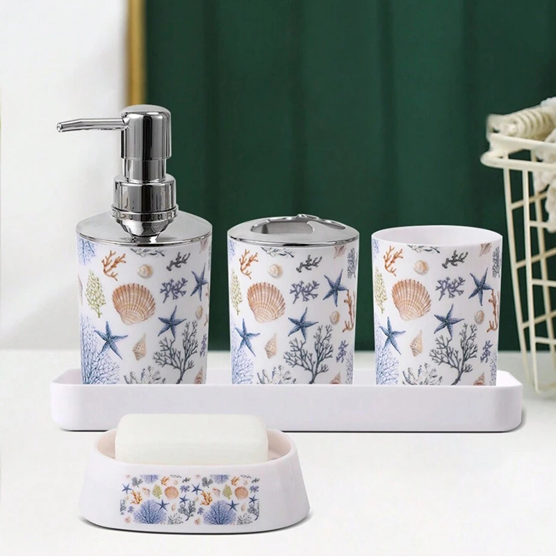 5pcs Set Of Conch Shell Themed Bathroom Kit, Soap Dispenser, Mouthwash Cup, Toothbrush Holder, Soap Box, Tray