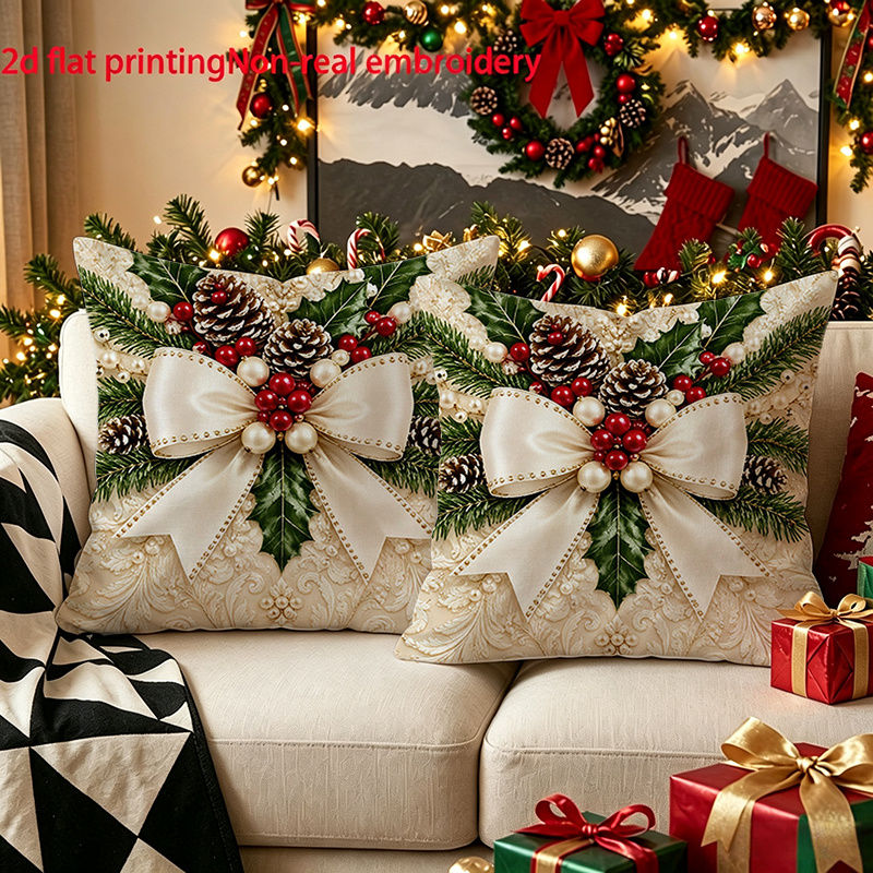 TEMU 2d Flat, 2pcs, Christmas Pearl Bow Holly Print Pillowcase, Light Luxury Embossed Style Home Decor Pillow Cover, A Gift For Family, , , Zipper