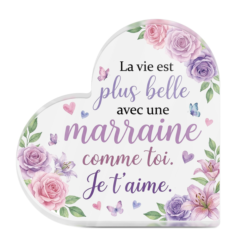 TEMU Décoration Putuo Plate 2D 1pc Citations Panneau Acrylique de Cœur Décoration de Table, Est Plus Belle Avec Une Marraine , Décoration de Bureau