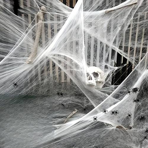 4-pak strækbart edderkoppespind, 2 edderkopper pr. stykke, hvid bomuld halloween mesh dekoration, velegnet til spøgelseshuse, , rum og boligindretning, elektricitet festartikler