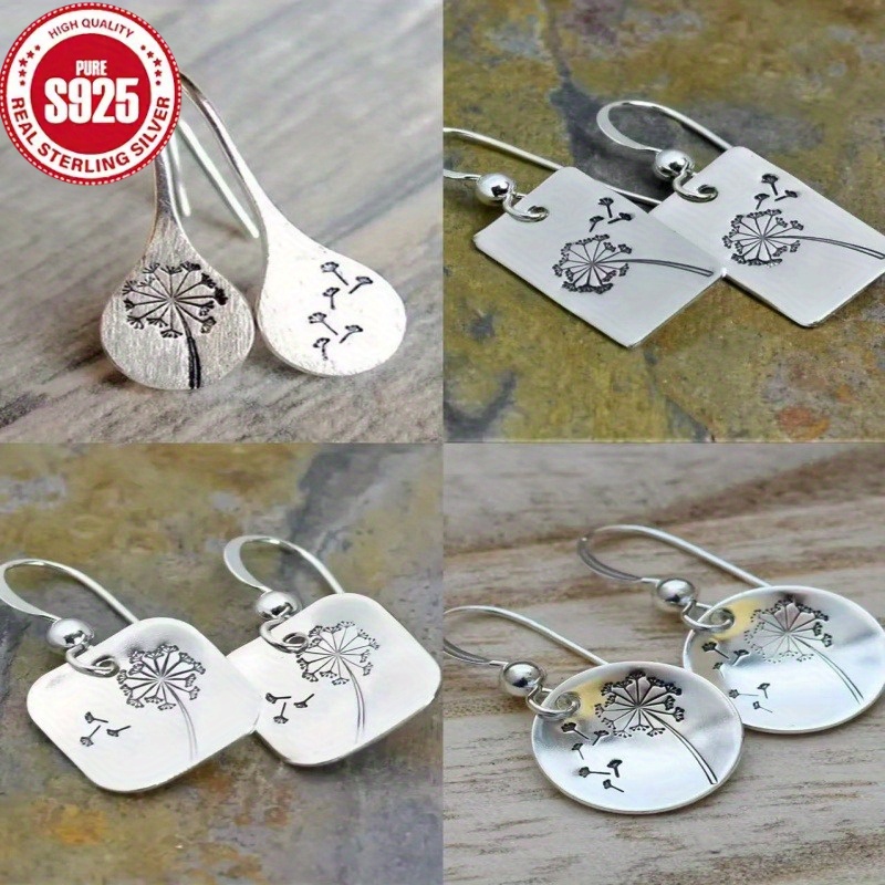 TEMU 4 Pairs Of S925 Bohemian Retro Rectangular, Circular, Square, Teardrop Shaped Dandelion Earrings, Women' And Fashionable Earrings,