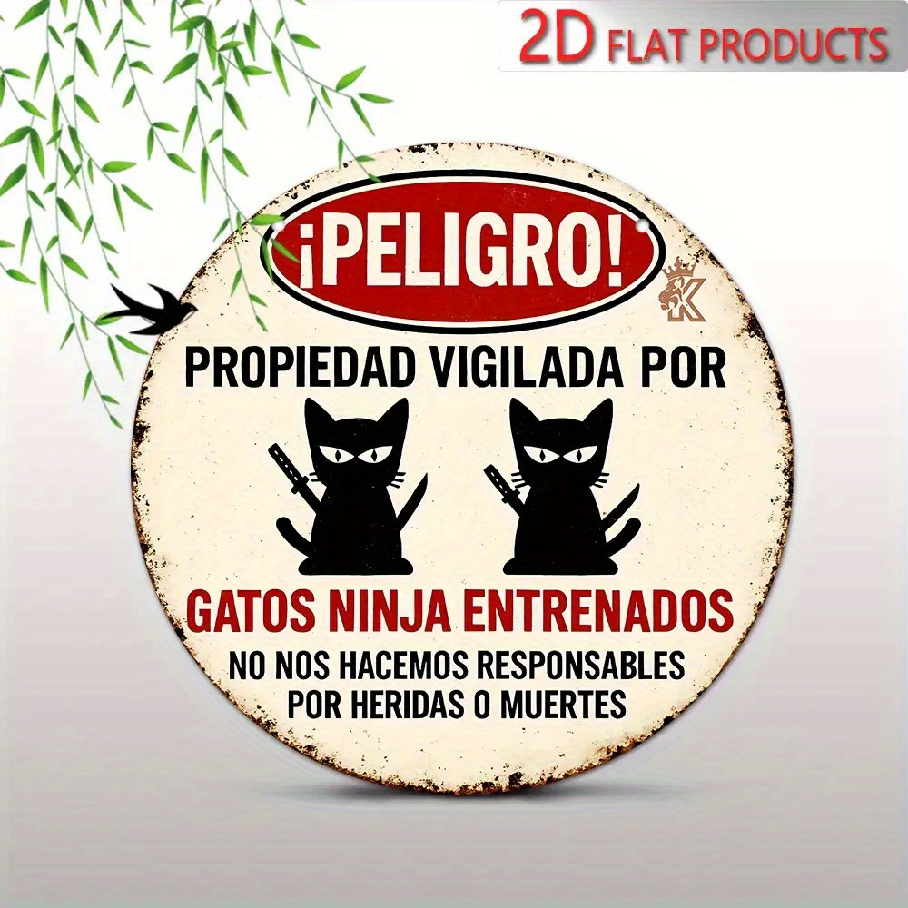 TEMU Letrero de pared 2D, 1 pieza - en gato - Estilo de letrero de advertencia español "Cuidado con " Decoración de madera artificial - Pre-perforado