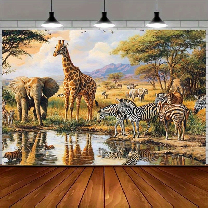TEMU 2d Flat, 1pc African Wildlife-themed Backdrop: Featuring Giraffes, Elephants, , And Tigers In Natural Scenery With Vibrant Trees And Reflective
