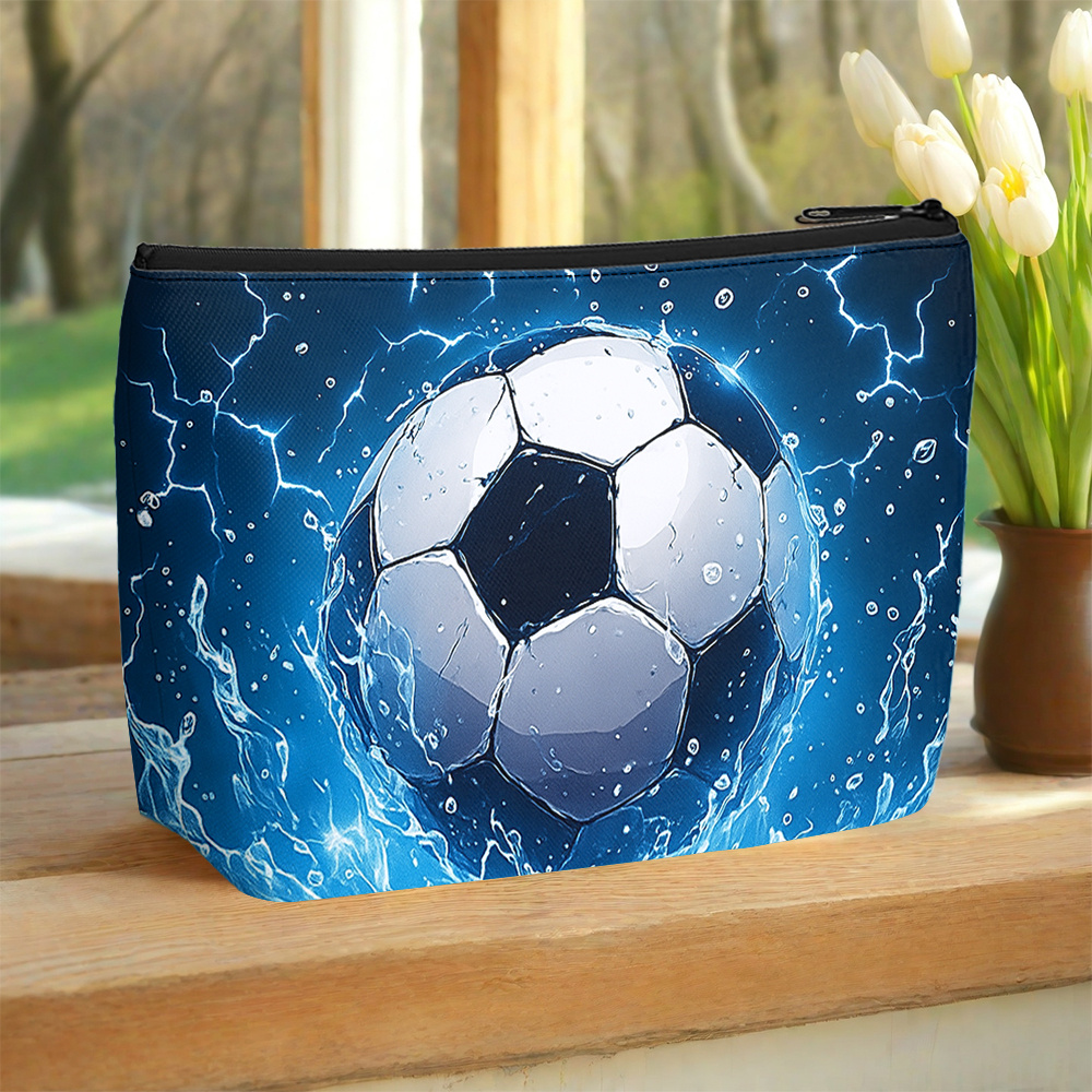 TEMU 1 Casual Polyester Makeup Bag With A Football Print Pattern, Featuring Durable Double-sided Printing That Resists Fading. This Foldable,