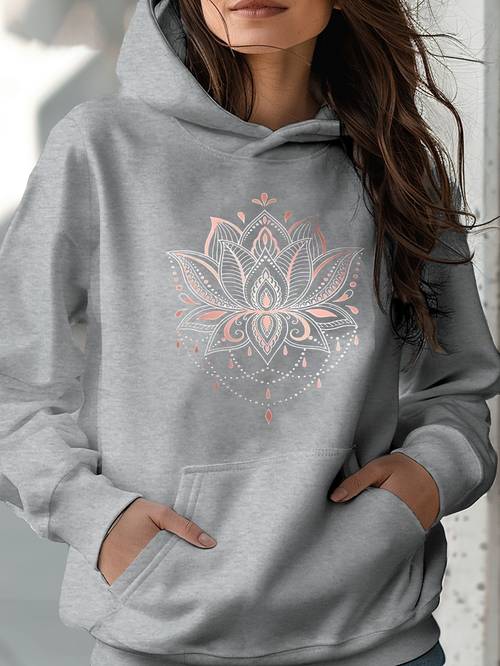 lotus pattern print sweatshirt active sweatshirt with long sleeves street style fashion hood and kangaroo pockets soft and comfortable sweatshirt for womens autumn and