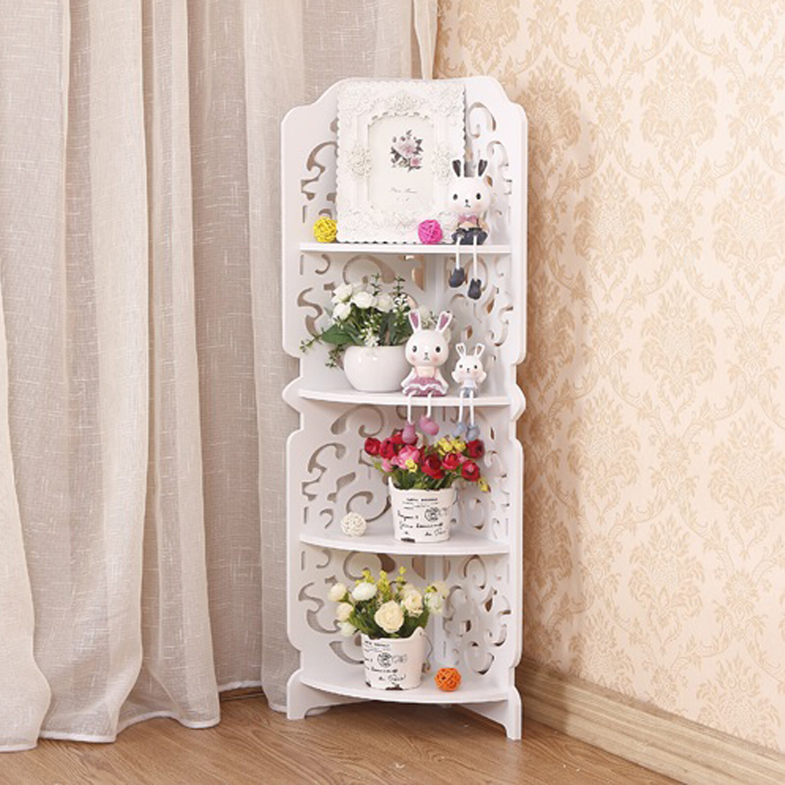 E-shop 4-stöckiges Eckregal, weiß, platzsparendes Organizer-Regal für Küche, Bad, Wohnzimmer, Bücherregal, Display, Aufbewahrungseinheit, modernes