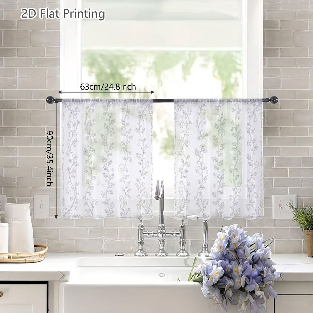 TEMU 2d Flat, 2pcs Small Semi-transparent Sheer Curtains, 2d Flat, 2pcs Small Semi-transparent Sheer Curtains, Elegant Botanical Vine Floral Line Art