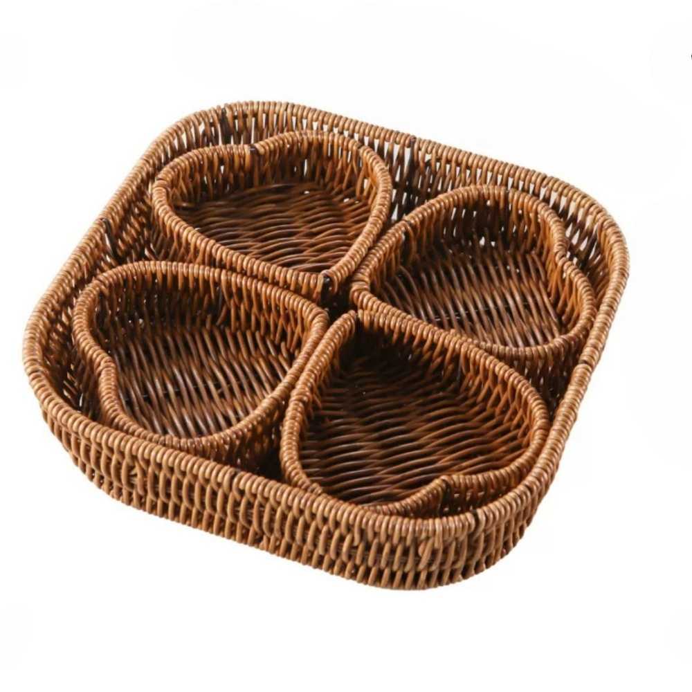 Image of 1pc Woven 4-section Divided Storage Basket, Tray With Heart-shaped Compartments, Decorative Display Holder For Home Kitchen Countertop Office Desk, Shelf Baskets