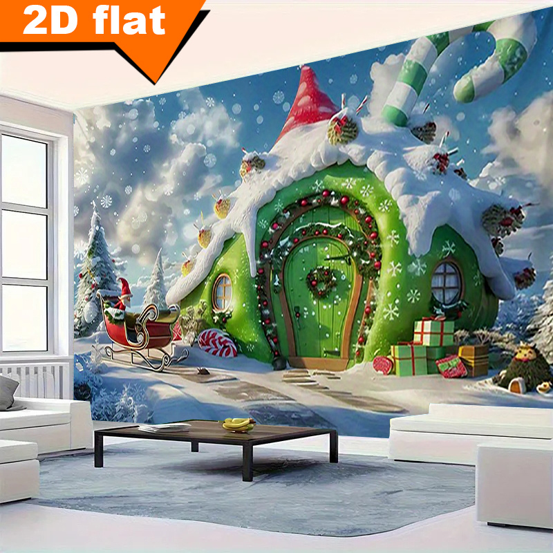 TEMU [2d Flat Banner] Background Cloth, Banner Background Pattern Wall Decoration, Scenic 1pc Santa Claus Sleigh Green House Scene Ultra-large Garage