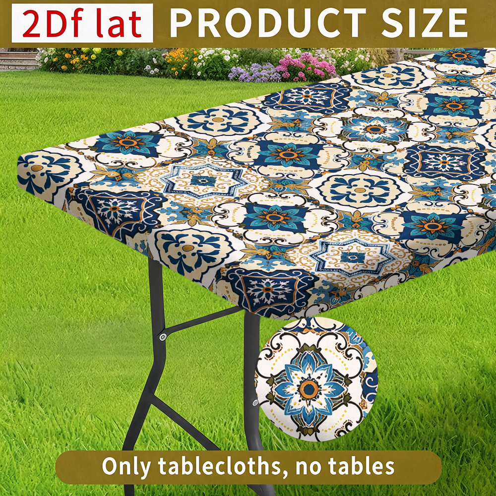 TEMU 1pc Summer Outdoor Rectangular Elastic Waistband Design Tablecloth, Stretchable And Washable Tablecloth, Mediterranean Moroccan Mosaic Floral,