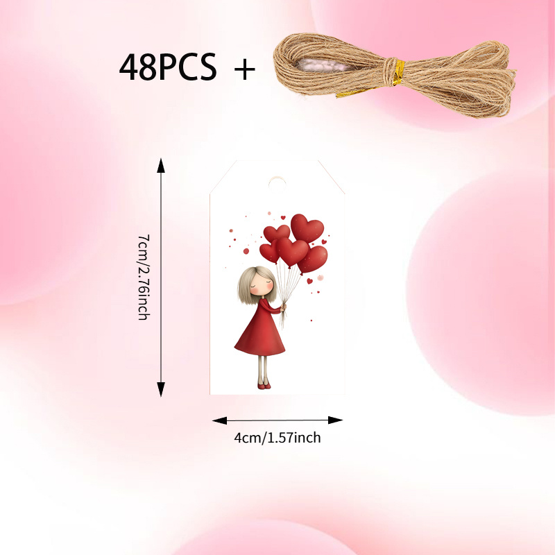 TEMU 48pcs Valentine's Day Gift Tags, Mother's Day Gift Tags, With , Cartoon Girl With Balloons, Very Suitable For Valentine's Day, Mother's Day,