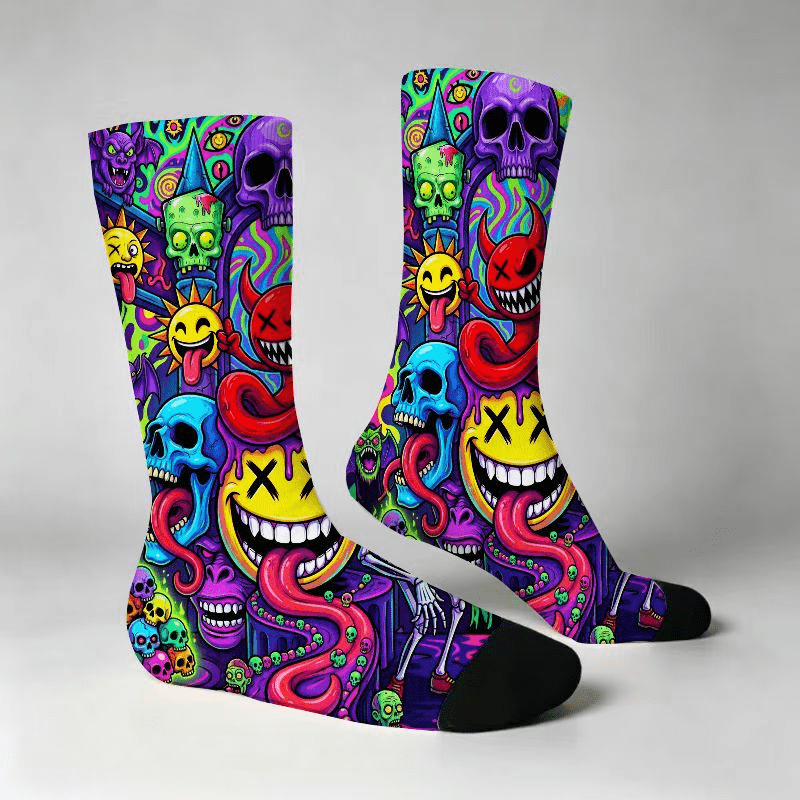 TEMU Hh&whftlf Trippy Psychedelic Skull & Socks - Neon Melting Skull Face Print Crew Socks Suitable For , Soft Breathable Ankle Wear With Vibrant