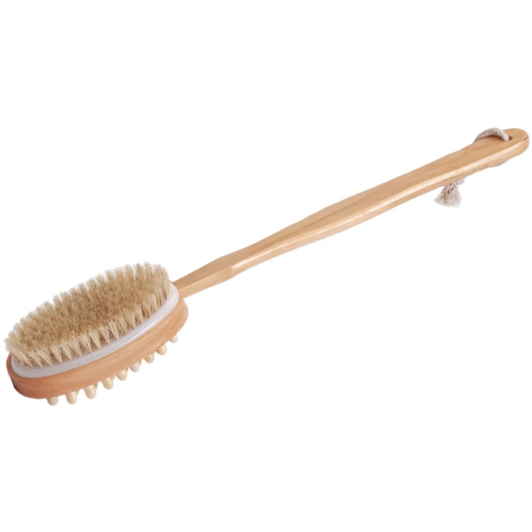 dual purpose long handled wooden back brush for scrubbing and exfoliating during showers   serves as a lotion applicator ideal for bathing Product details 0