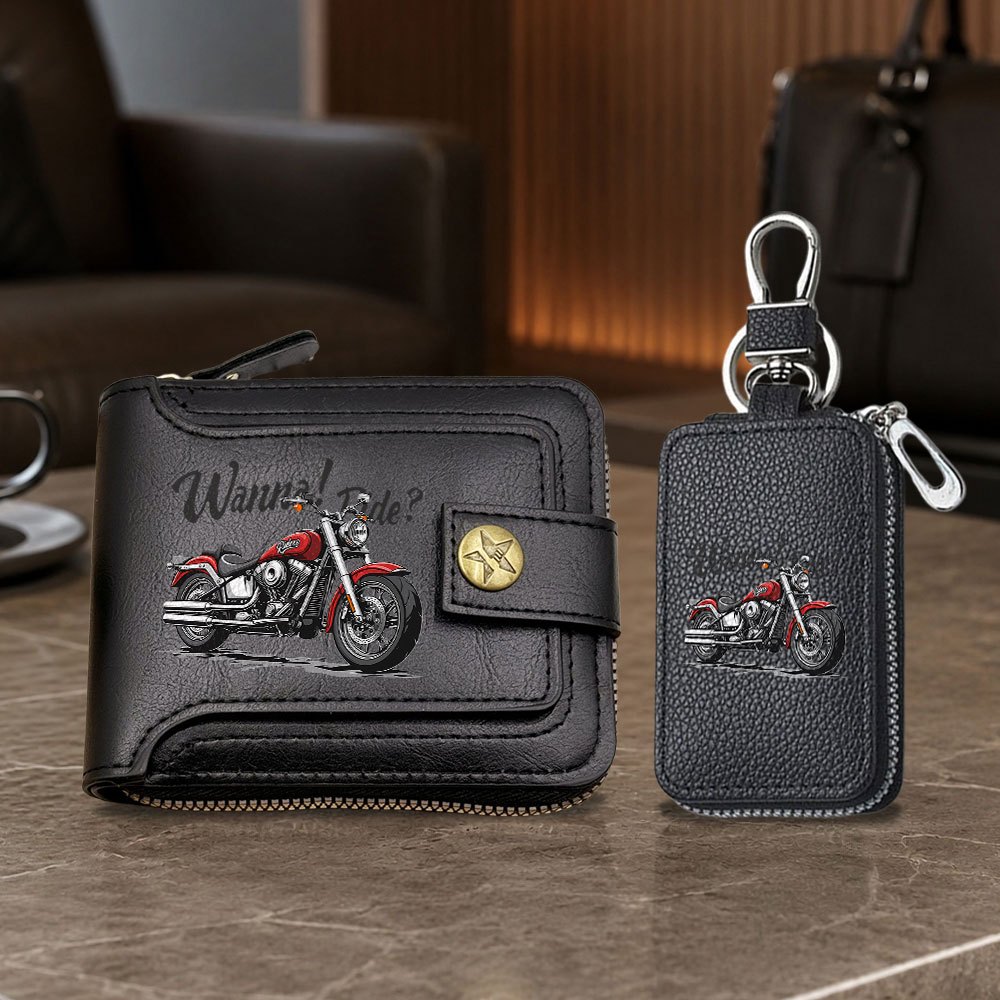 TEMU Men's 2pcs Set: Heavy-duty Motorcycle Large-capacity Vintage Zipper Coin Purse + Key Pouch Combo, With Multiple Card Slots And Zipper Closure,