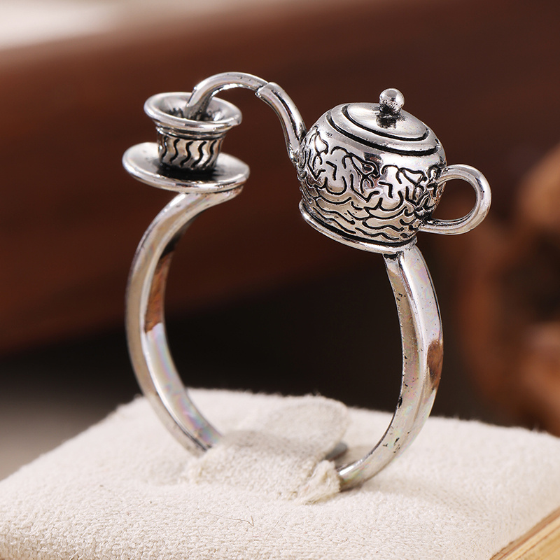 TEMU Retro Carved Teapot & Teacup Ring - Tea Cup Suitable For Parties, Daily Wear, Gift For Christmas, Graduation, Teacher' Day - Vintage Accessory,