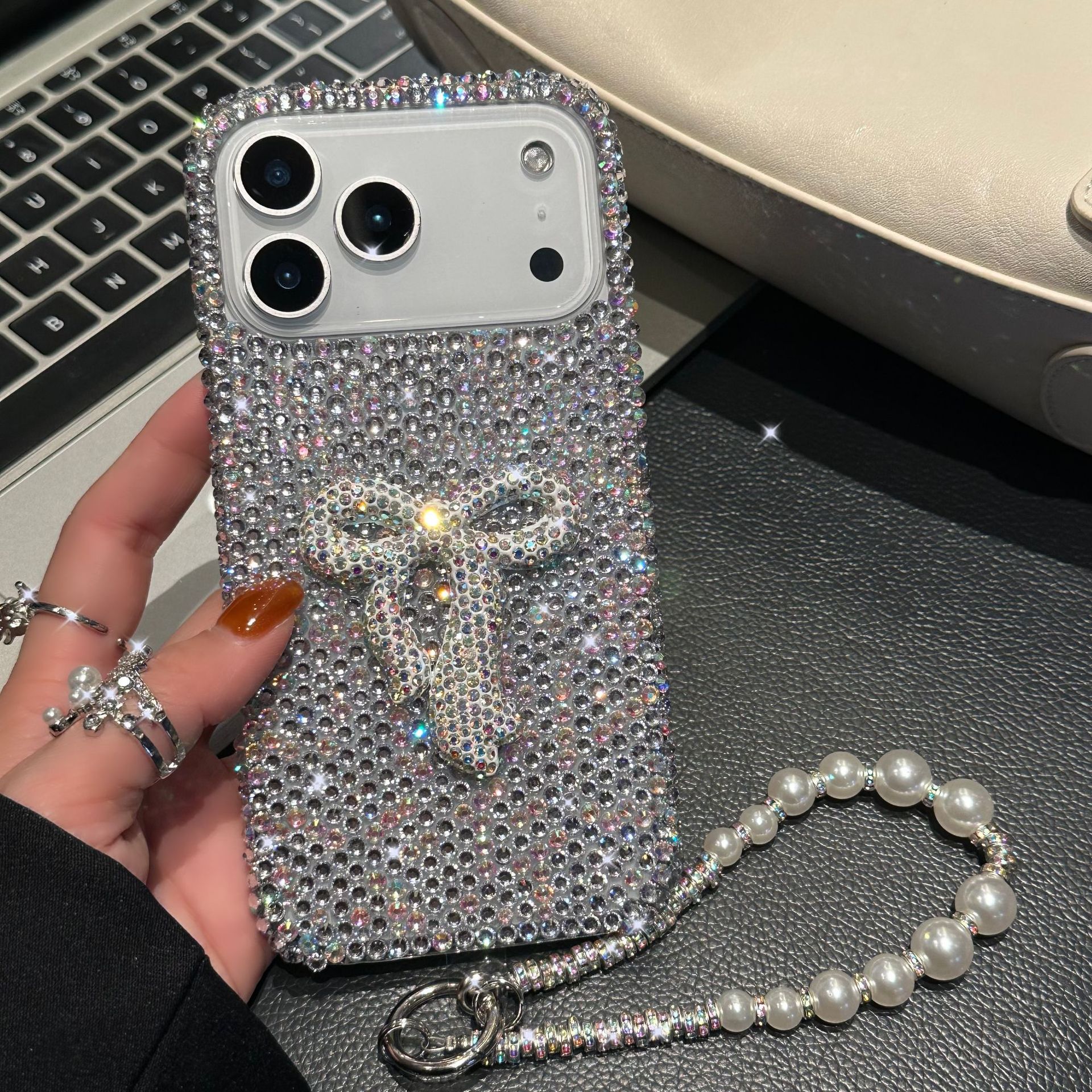 TEMU Phone Case: Full Diamond Bow Phone Case With Pearl Rhinestone Chain Strap, Compatible With Iphone 17/17 Pro/17 Pro Max/16/16 Plus/16 Pro/16 Pro