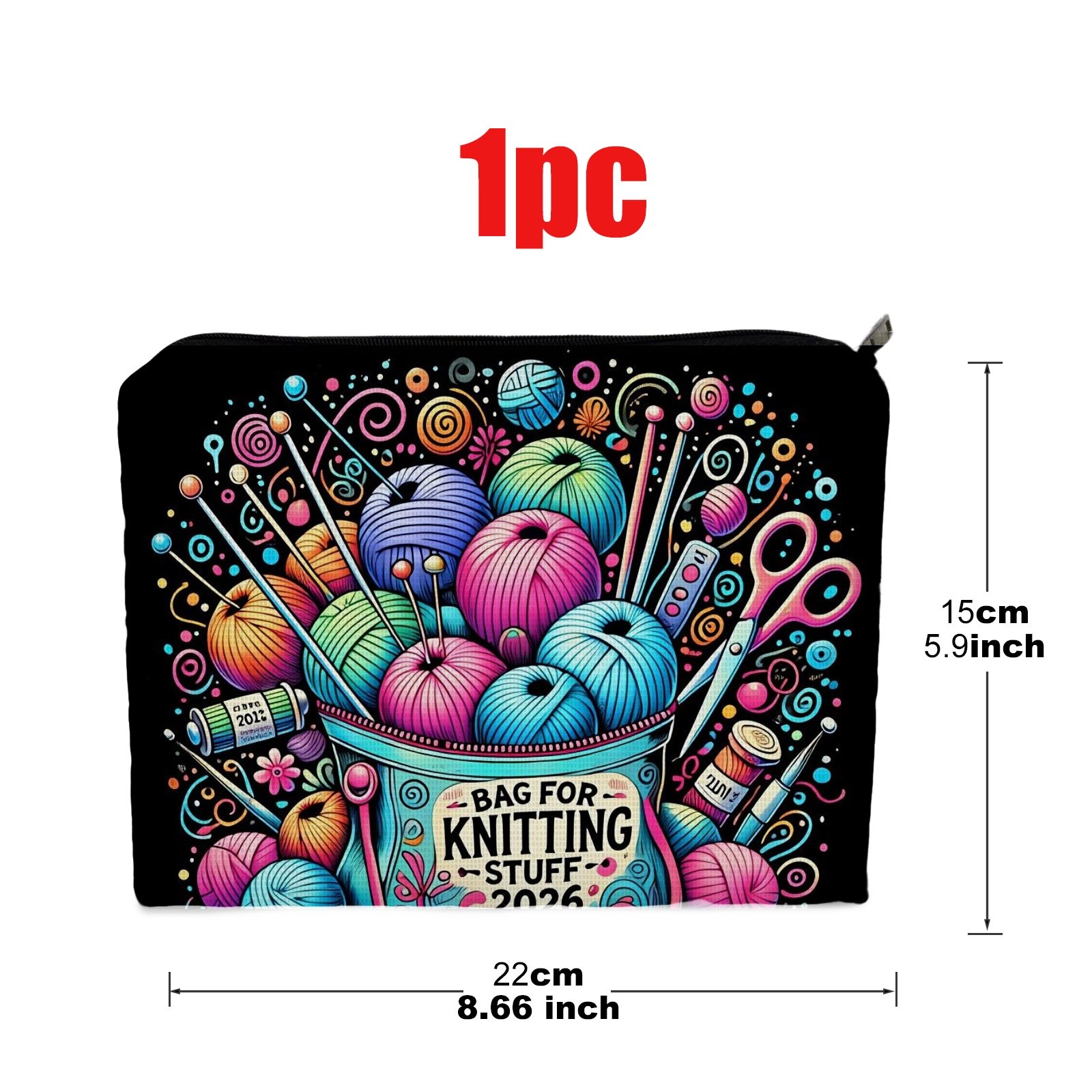 TEMU 1pc Retro Knitting Bag, 5.9in*8.66in Double - Sided Polyester Makeup Bag, Vibrant Whimsical Illustration Style, For Knitting & Sewing Tools