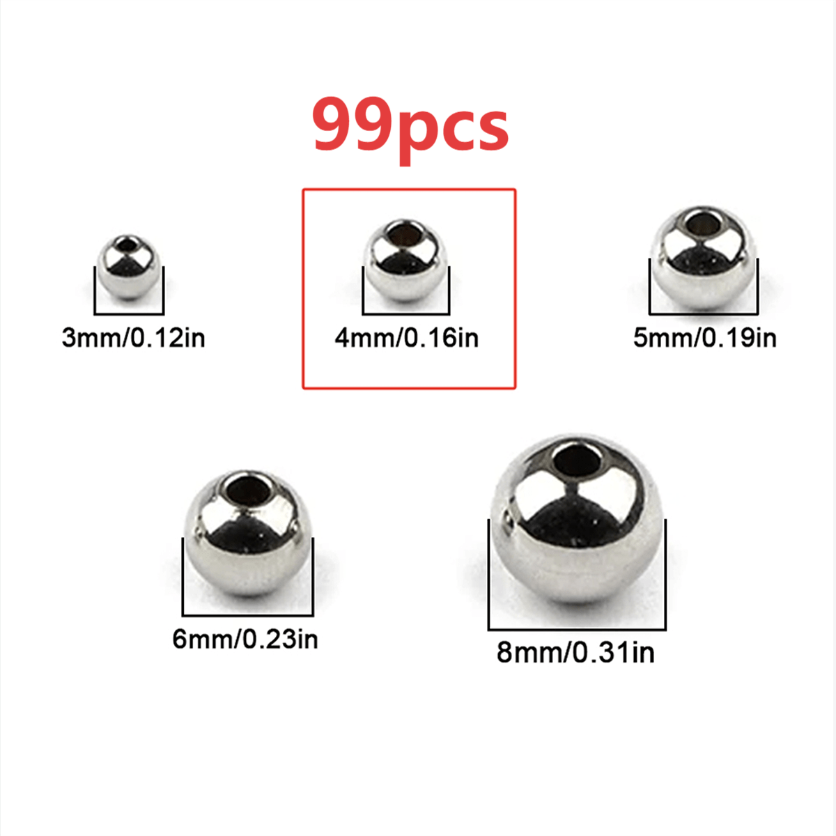 TEMU Perline lisce in acciaio inossidabile argentato, opzionale 3/4/5/6/8 mm, perline solide perforate non sbiadenti, perline sciolte fatte a per la