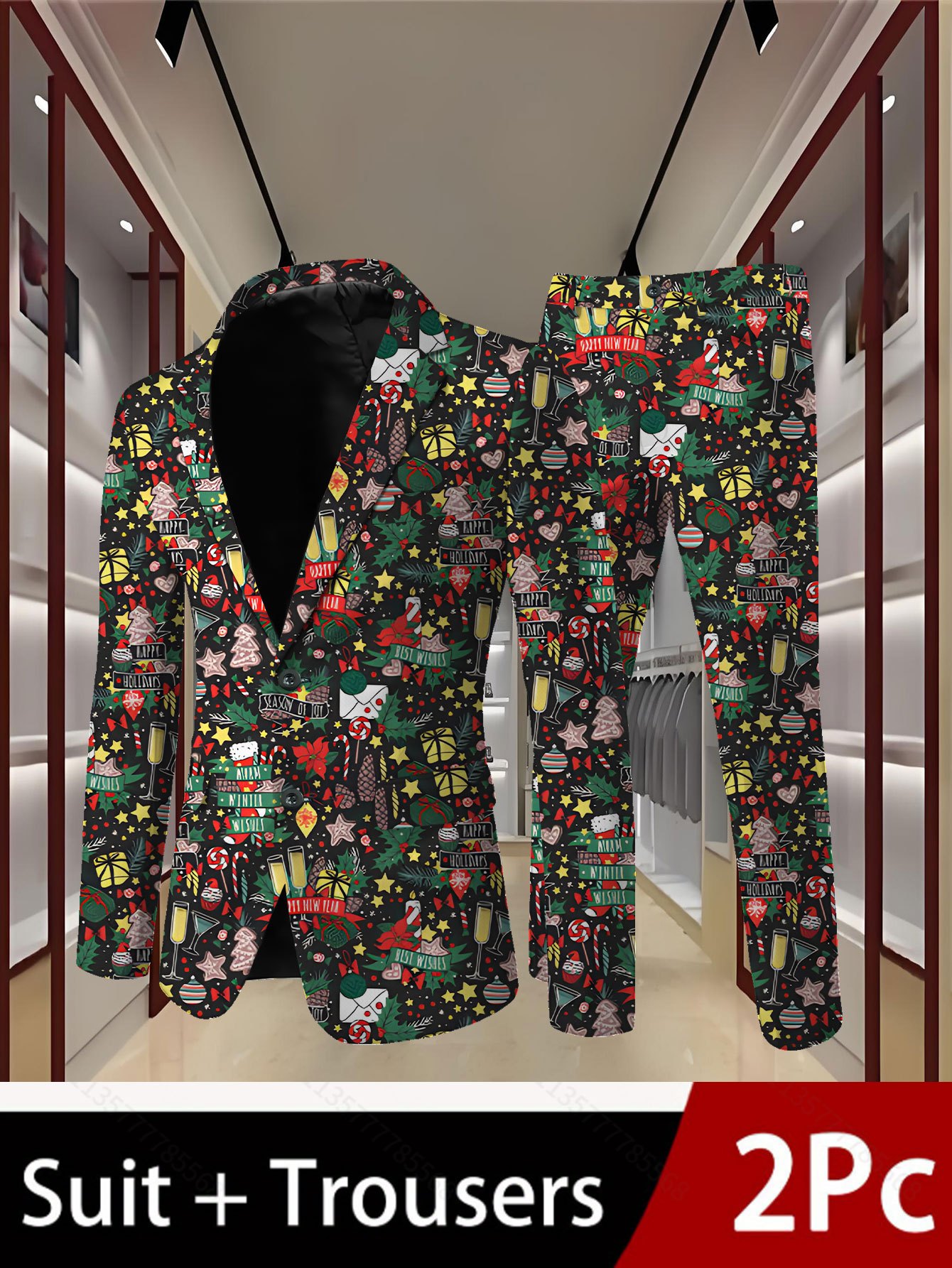 men s suit + trousers set,   classic wedding party outfit with christmas element pattern background, business suit jacket and pants 2pcs for formal events, wedding attire, sophisticated style, elegant design, formal attire, stylish men, best for christmas 0