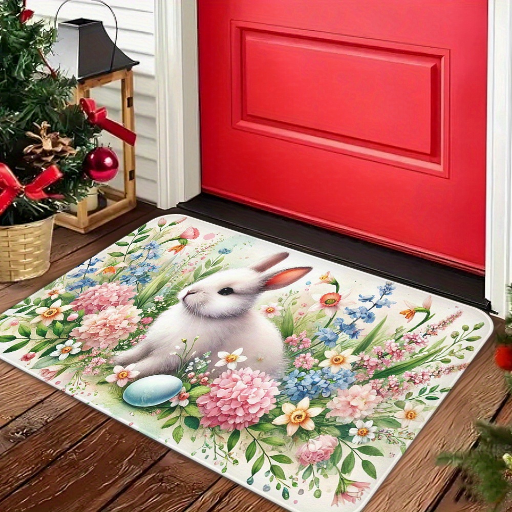 

1pc Bunny Flannel Mat, 1.2cm Thick, Non-slip, Oil & Waterproof, Machine Washable, Polyester Knit Square Rug For Entryway, Bathroom, Living Room, Laundry - Home Decor Spring Accessory